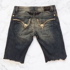 Robin's Jeans Cutoff Shorts Denim Long Flap Pocket Gold Plated Buttons Rivets